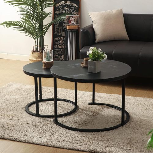 Runder Couchtisch, 2er Set Satztisch, Modernes Wohnzimmertisch-Set, Schwarz