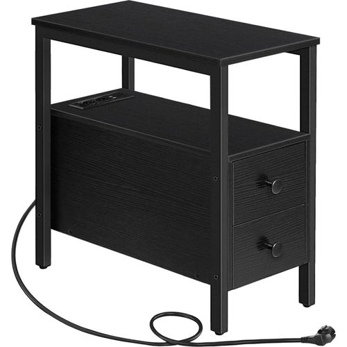 HOOBRO Beistelltisch mit Ladestation und 2 Schubladen, USB-Anschluss, Schwarz