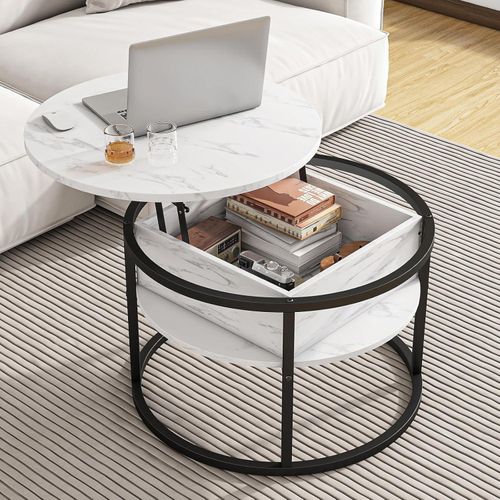 HOJINLINERO Couchtisch Rund Weiß Stauraum Liftfunktion
