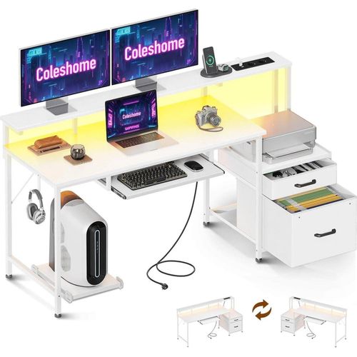 Coleshome Schreibtisch mit Schubladen 140x48cm Weiß LED Gaming Tisch