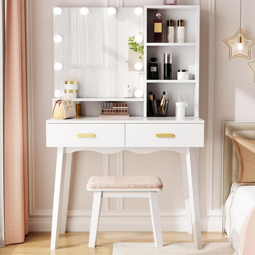 Schminktisch mit LED Beleuchtung und Hocker Weiß Eitelkeit Kosmetiktisch