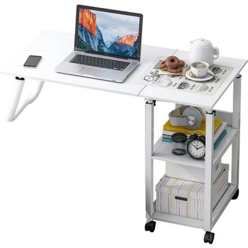 Höhenverstellbarer Schreibtisch Holz mit 2 Regal, Laptoptisch Rollen, Beistelltisch White