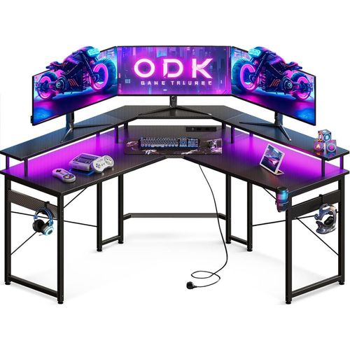 ODK Gaming Tisch LED Schwarz 129x129 cm Monitorablage USB-Ladeanschluss