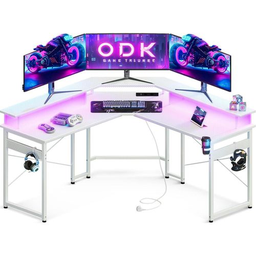 ODK Gaming Tisch LED mit 2 Steckdosen USB in Weiß 129x129cm