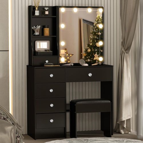 Schminktisch mit LED-Beleuchtung und Hocker, Schwarz, 80x36x130CM