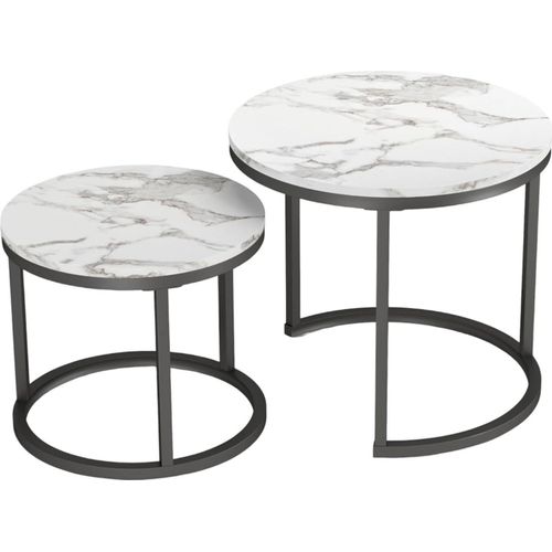 2er Set Couchtisch Marmor Weiß Rund - Satztische Wohnzimmer