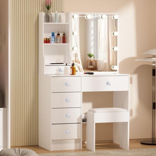 Schminktisch mit Spiegel und Hocker 3 Licht-Farbmodi 80x34x130cm