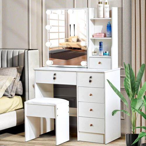 Schminktisch mit Beleuchtung und Spiegel, Frisiertisch mit Hocker, Makeup Tisch für Schlafzimmer -80x36x131cm