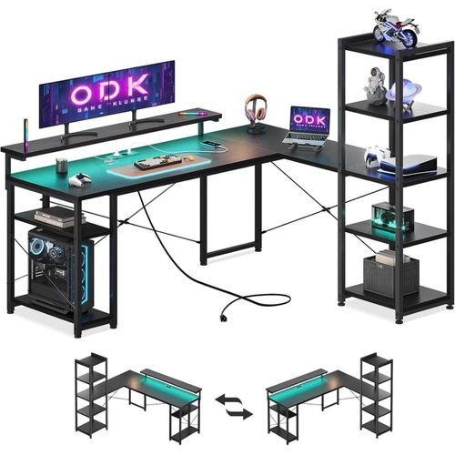 Gaming Tisch Schreibtisch LED 155x140cm Eckschreibtisch L-Form Schwarz