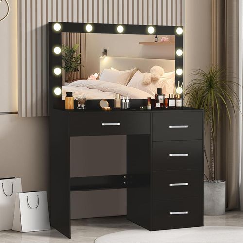 Schminktisch mit Spiegel und Hocker Schwarz LED Beleuchtung 80x34x130cm