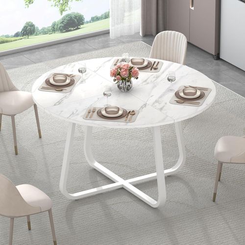 Runder Esstisch in Weißer Marmoroptik 130 x 75 cm Platzsparender Küchentisch