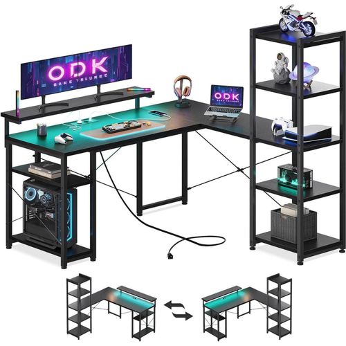ODK Gaming Tisch LED 137x140cm Eckschreibtisch L-Form mit Steckdosen USB-Schnellladern Schwarz