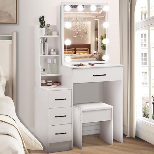 Schminktisch mit LED-Beleuchtung und Spiegel - Make-up Frisiertisch MDF in 3 Farben