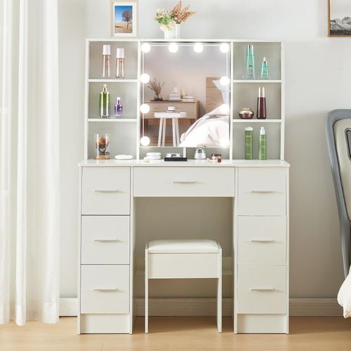 Schminktisch mit Spiegel und Hocker, weiß - Beleuchtung, 3 Licht-Farbmodi, Make-up Tisch 100x40x140cm