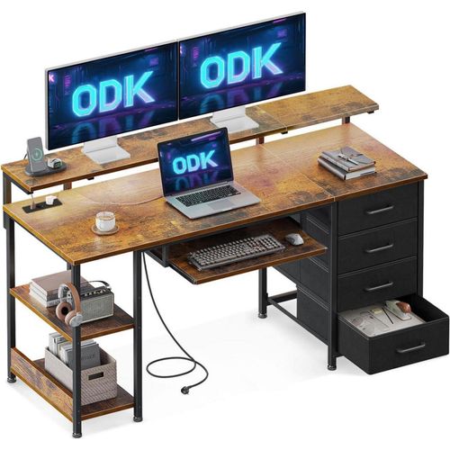 ODK Schreibtisch mit 4 Schubladen, Computertisch, Gaming Tisch, Braun 140x52x92cm