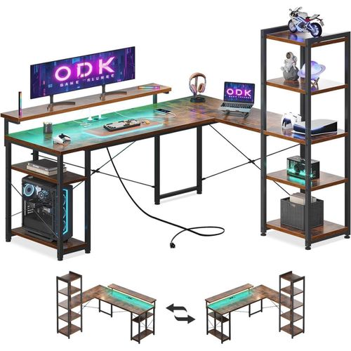 ODK Gaming Tisch Vintage Braun 155x140cm LED USB Ablagen Monitorständer