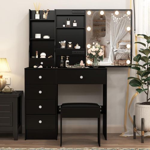 Schminktisch mit Beleuchtung und Spiegel 80x36x130cm Schwarz Make-up Tisch
