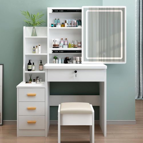 Schminktisch mit LED-Beleuchtung und Stuhl, Weiß, Modernes Design