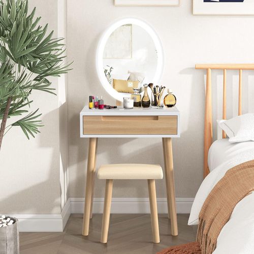 Schminktisch mit LED Spiegel und Hocker, Einstellbare Helligkeit, Schubladen, Vanity