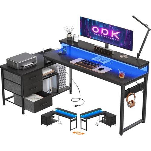ODK Schreibtisch L Form mit Schubladen und LED, 174x100cm, Gaming Tisch, USB-Ladeanschluss, Schwarz