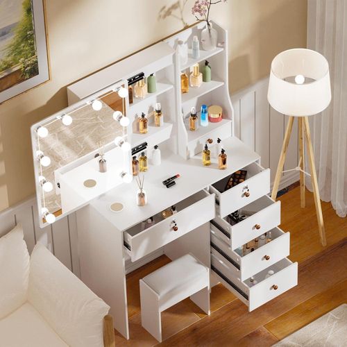 Ereousa Schminktisch mit LED-Beleuchtung und Schiebespiegel Weiß 36x80x131cm