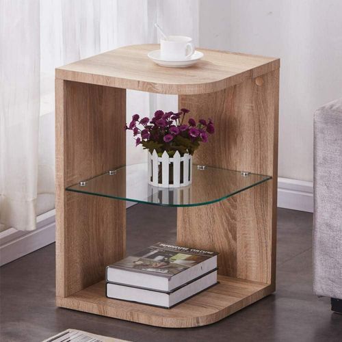 Beistelltisch Rund Holz Klein Modern Nachttisch Glas 40x60 cm Hellbraun