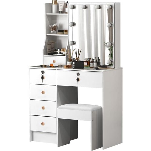 Schminktisch mit LED-Beleuchtung, Schiebespiegel, 6 Schubladen, 6 Regalen Weiß 36x80x131cm