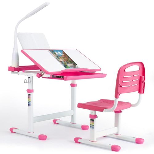 Kinder Schreibtisch und Stuhl Set Rosa höhenverstellbar Lampe Leseständer