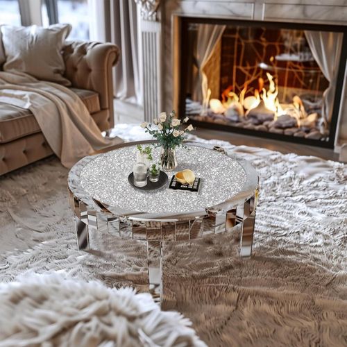 Couchtisch Rund Glas Kristall Verspiegelt 80cm Modern Silber