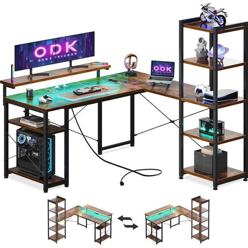 Bürotisch Gaming Tisch Vintage Braun 137x140cm L-Form LED USB Ablagen Monitorständer