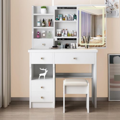 Schminktisch mit LED-Beleuchtung und Hocker - Moderner Frisiertisch in