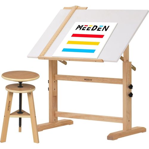 Weißer Künstler-Zeichentisch mit höhenverstellbarem Holzhocker