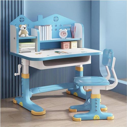 Kinder-Schreibtisch- und Stuhl-Set höhenverstellbar mit Schublade und Bücherregal blau
