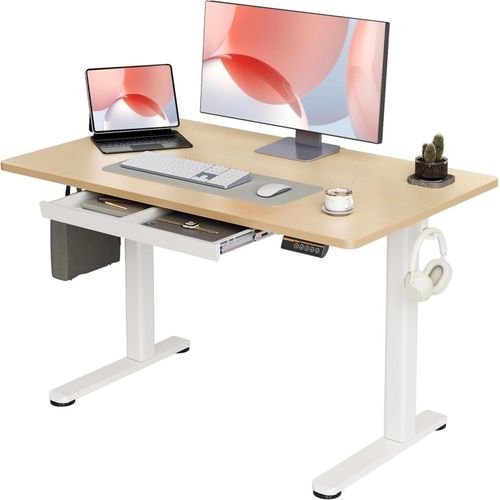 Höhenverstellbarer Schreibtisch 120x60 cm mit Schublade, Elektrisch, Weiß/Beige