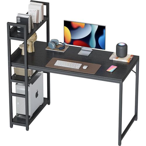 Schreibtisch 120x60cm mit Regal für Büro und Gaming, Stabil Stahlgestell Schwarz