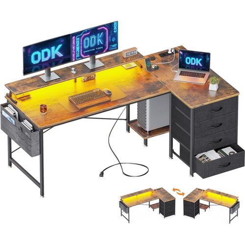 ODK Eckschreibtisch mit LED, USB, Monitorständer, Braun