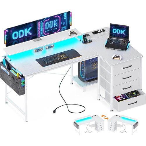 Eckschreibtisch Weiß 140x80cm mit 4 Schubladen LED Gaming Tisch L Form