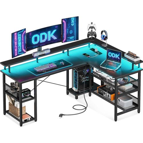 ODK Gaming Tisch LED Eckschreibtisch Kohlefaser Schwarz 168×120cm