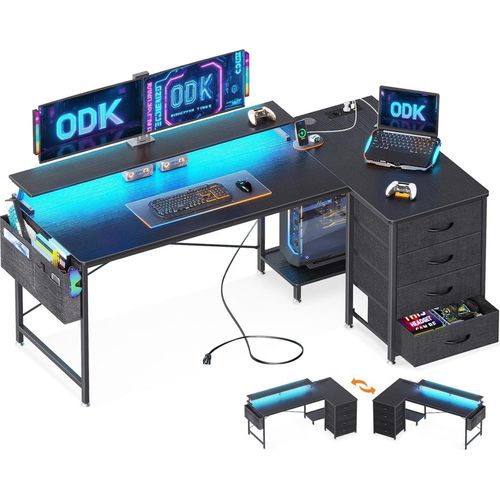 Eckschreibtisch mit Schubladen und USB-Ladeanschluss, Gaming Tisch L Form LED