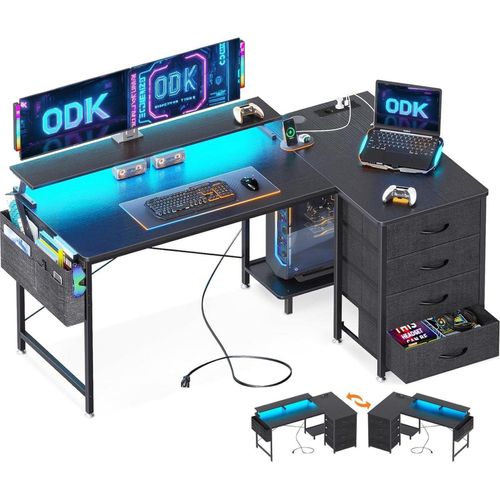 ODK Eckschreibtisch 140x80cm LED Gaming Tisch Schwarz