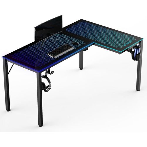 Glas Gaming Tisch LED 152x102 cm RGB Eckschreibtisch L Form Getränkehalter