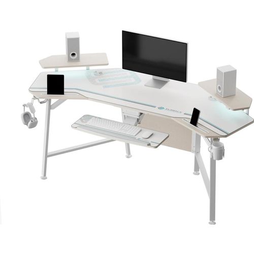 Gaming Tisch mit LED 182x76cm Flügelform Computertisch - Tastaturablage, Monitorregal, Kopfhörerhaken