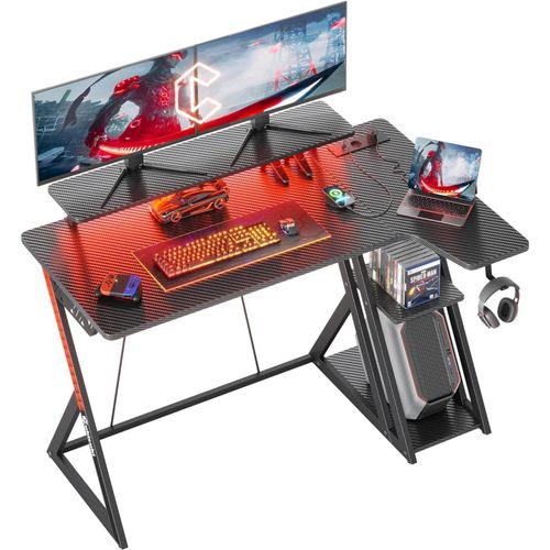 Gaming Computertisch LED-Lichter Ablagefächer Bücherregal Eckschreibtisch