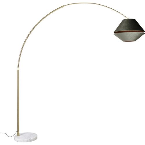 QAZQA - Klassisch I Antik Bogenlampe aus Messing mit weißem und doppeltem Samtschirm Grün - XXL I Wohnzimmer I Schlafzimmer - Velours Rund - LED geeignet E27