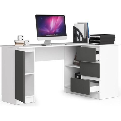 BDW, Eckschreibtisch rechts, 3 Schubladen, 4 Regale, Weiss / Grau
