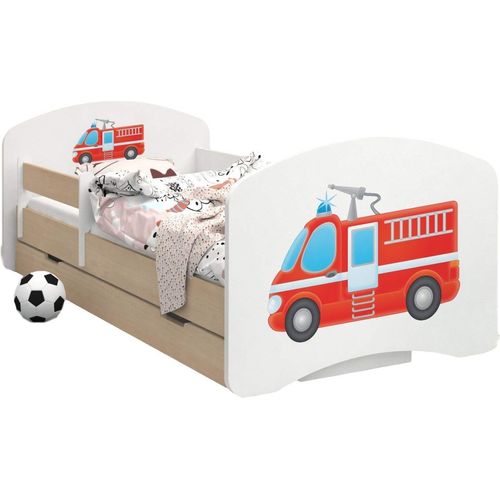 BDW Kinderbett, Doppelseitiges mit Schublade, Feuerwehrauto, 140/70