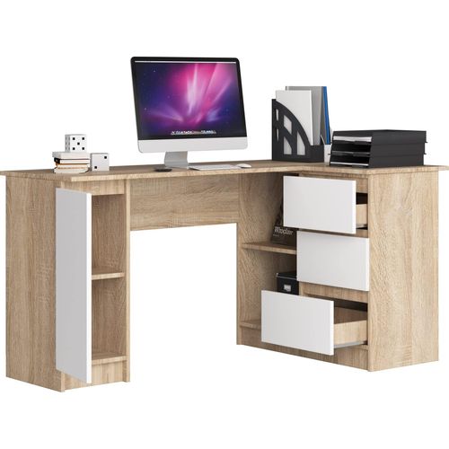 BDW, Eckschreibtisch rechts, 3 Schubladen, 4 Regale, Eiche Sonoma / Weiss