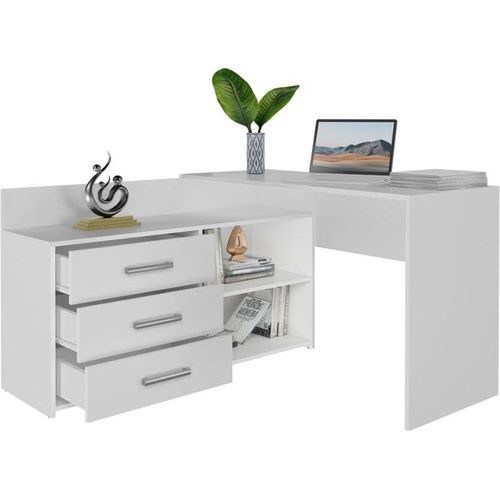 BDW Eckschreibtisch, 3 Schubladen 2 Regale, Weiss, 120x7x50 cm