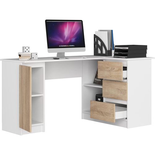 BDW, Eckschreibtisch rechts, 3 Schubladen, 4 Regale, Weiss / Eiche Sonoma
