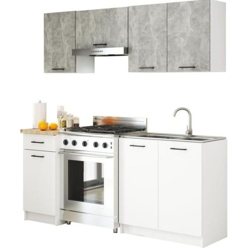 BDW Küche 180 cm Küchenzeile Küchenblock, Beton Weiß